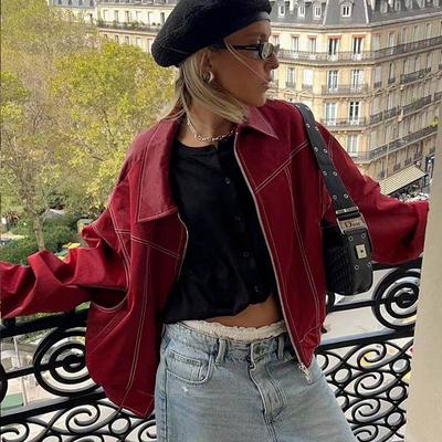 VAYLA Women Zipper Leather Bomber Jackets Coats Contrast Stitch Lapel Long Sleeve Jacket Motorcycle Outwear Tops