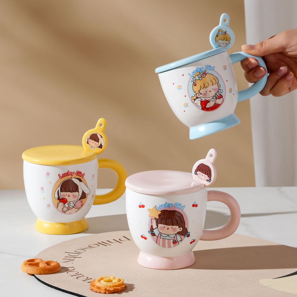 Milk Fufu Mug with Lid Spoon Comics Kids Ceramic Cup High End Couple Water Cup Internet Celebrity Breakfast Cup