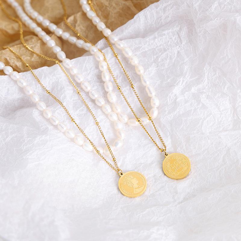 Retro Freshwater Pearl Chain Titanium Steel Gold-Plated Round Brand Portrait Double-Layer Collarbone Chain Does Not Fade Light Luxury Necklace Women