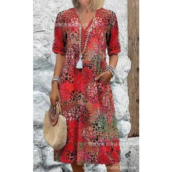 

Printed Summer V-neck Casual Vacation Pocket Dress Loungewear Women XXXL кавун червоний колір