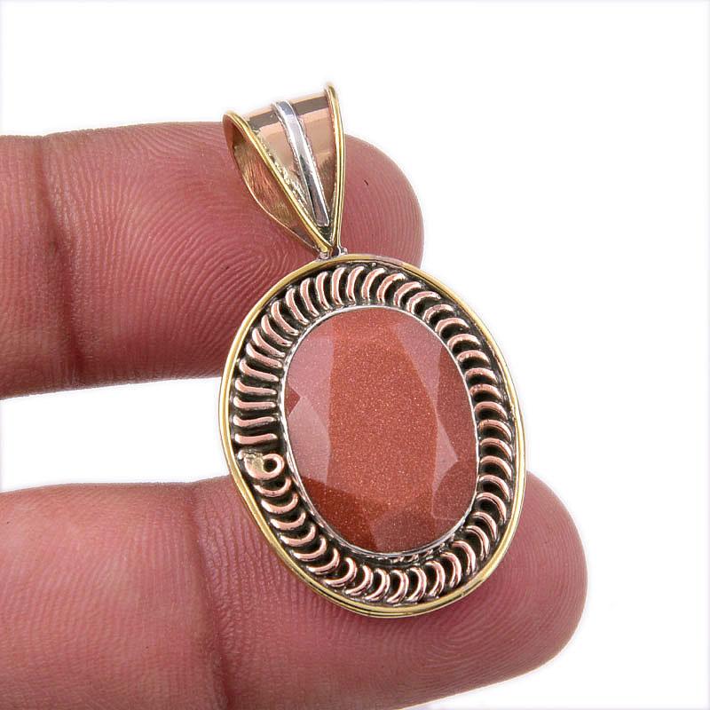 

Natural Sunstone Gemstone 925 Solid Sterling Silver Two Tone Pendant 1.50 w3P61