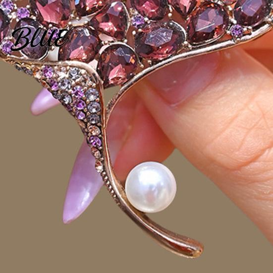 Women Brooch High-Gloss Rhinestone Inlay Faux Pearl Decor Ginkgo Leaf