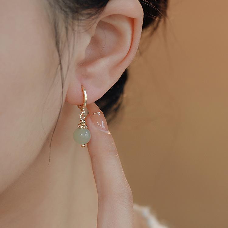 Elegant Hetian Jade & Red Agate Earrings: Gold Thread, High-End Chinese Style