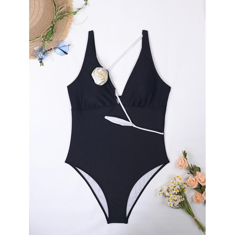 

Купальник Женский V-образный вырез Без спинки Черный боди 3D Цветочный декор Купальный костюм Лето Новый Французская пляжная одежда XL чёрный