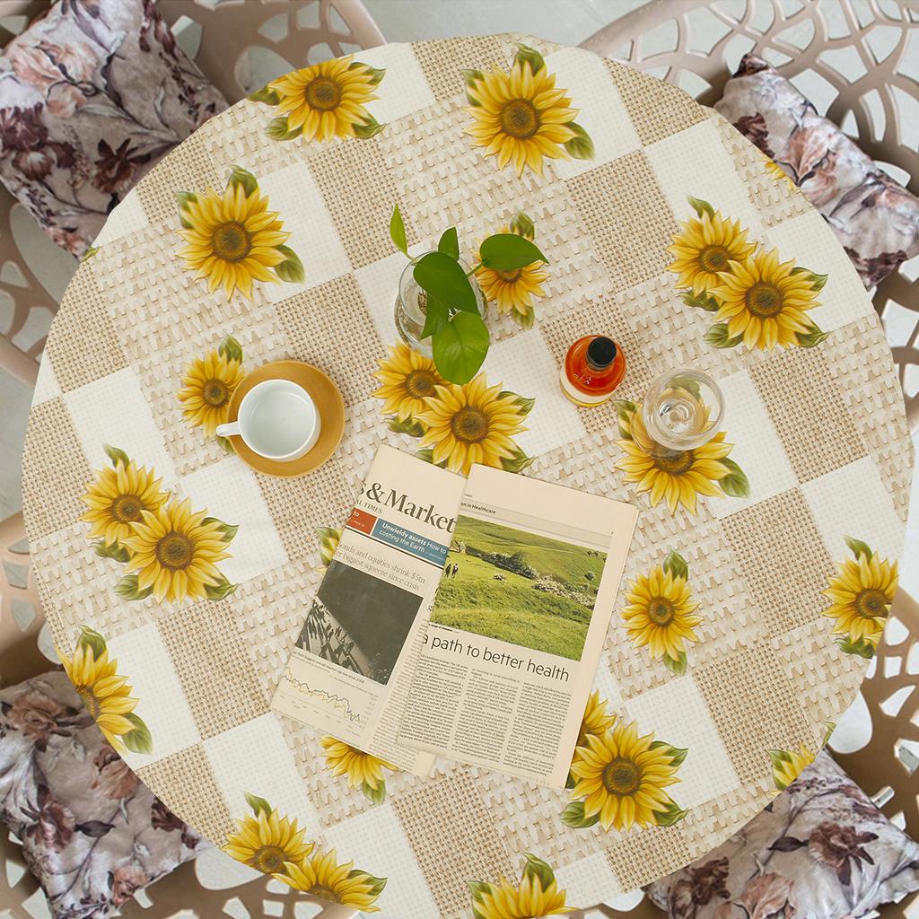 Waterproof Round Tablecloth PVC Table Decoration and Accessories Flannel Backed Elastic Edged Round Table Cover for Home Kitchen