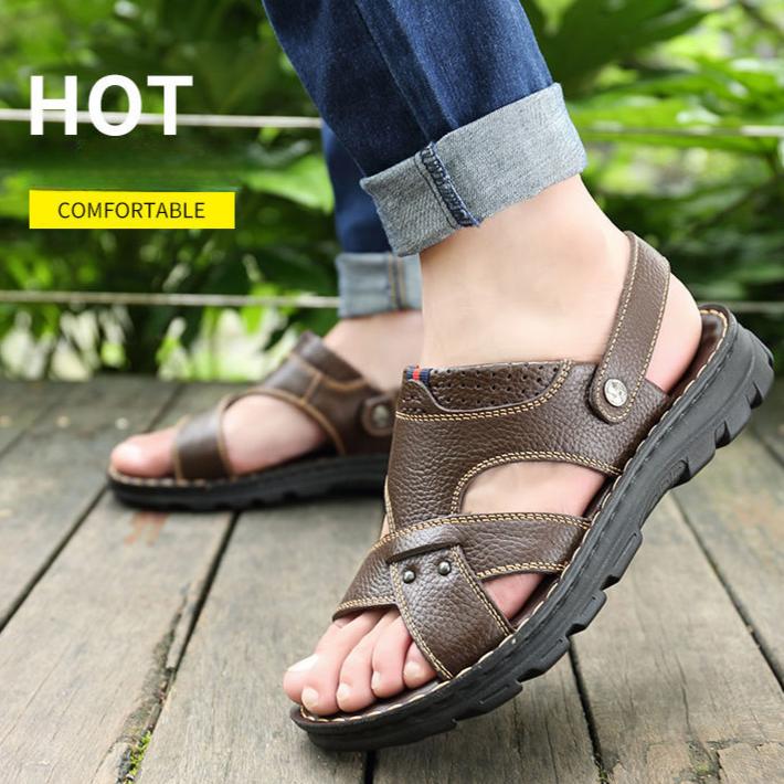 Thick Soled Massage Soled Sandals, Men's Genuine Leather Summer Sandals, Men's Casual Beach Shoes