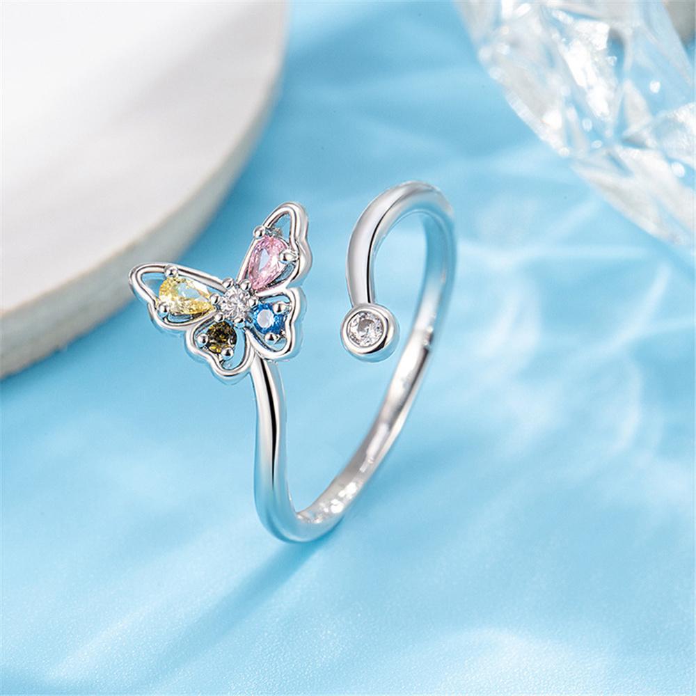 Charm Female Rainbow Crytal Adjustable Butterfly Open Ring Silver Color Cute Gift Wedding Jewelry For Women