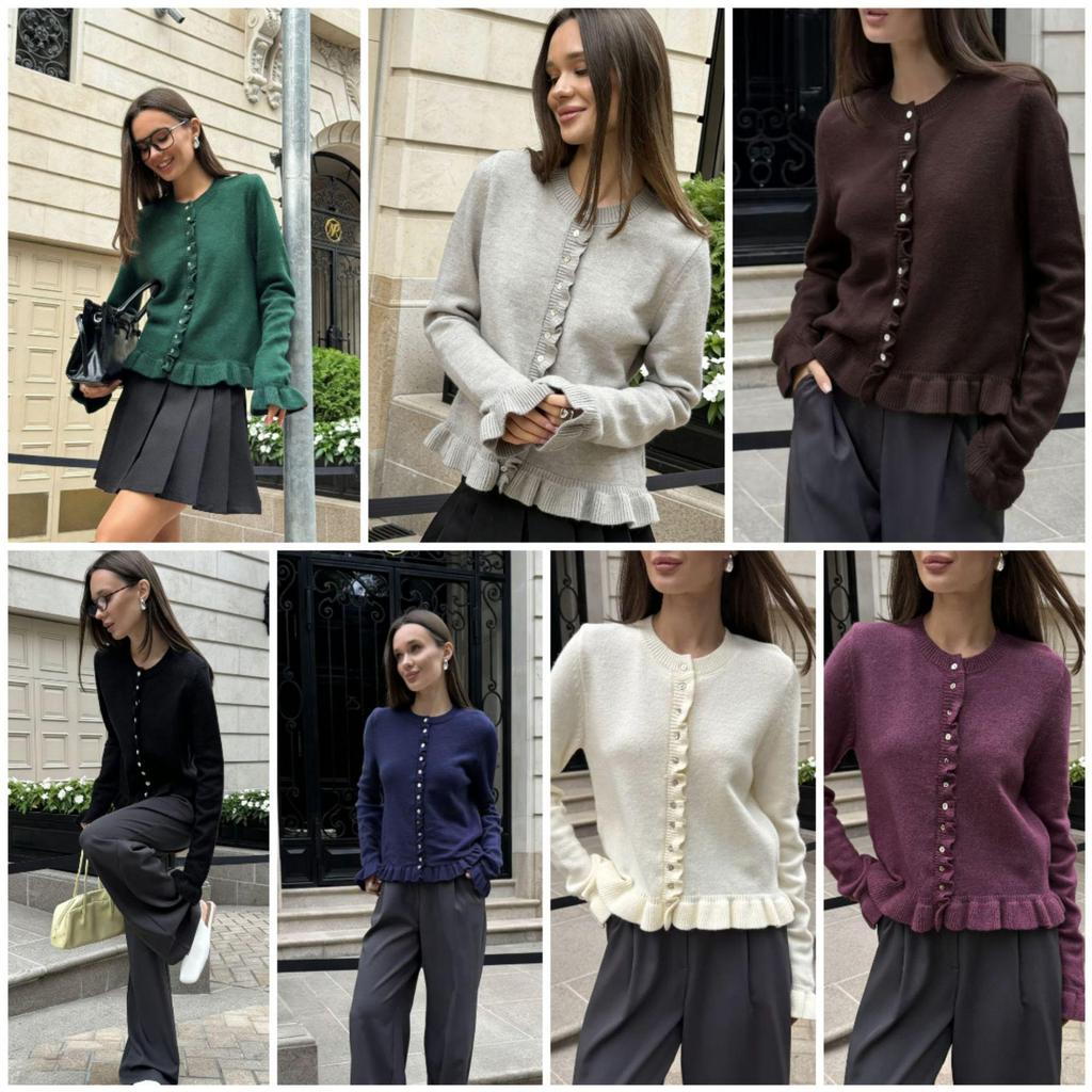 Autumn/Winter Single-Breasted Ruffle Knit Cardigan - European/American Solid Color Sweater