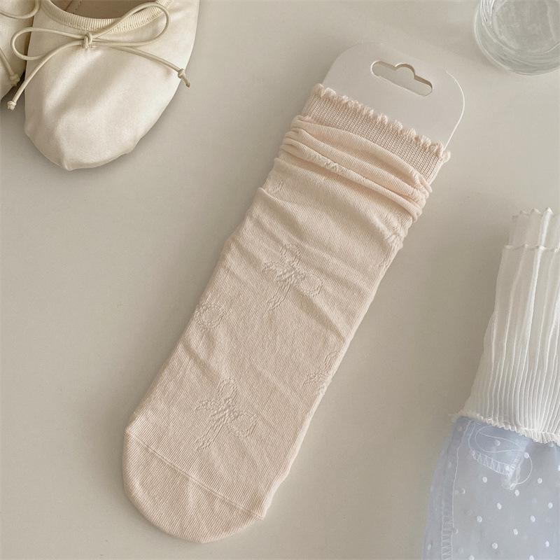 Women's Summer Solid Shade Bow, Bubble Rim Lace Boneless Pile Cotton Socks