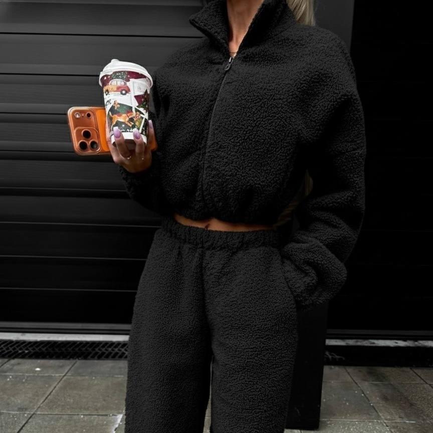 Europe, America, autumn and winter new home suit solid color round neck pullover long sleeve two-piece set casual pajamas can be worn outside