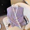 Lace Trim Patchwork Sweater Vest Spring Autumn Cardigan Knitted Vest Sleeveless Waistcoat Coat Top Short Style