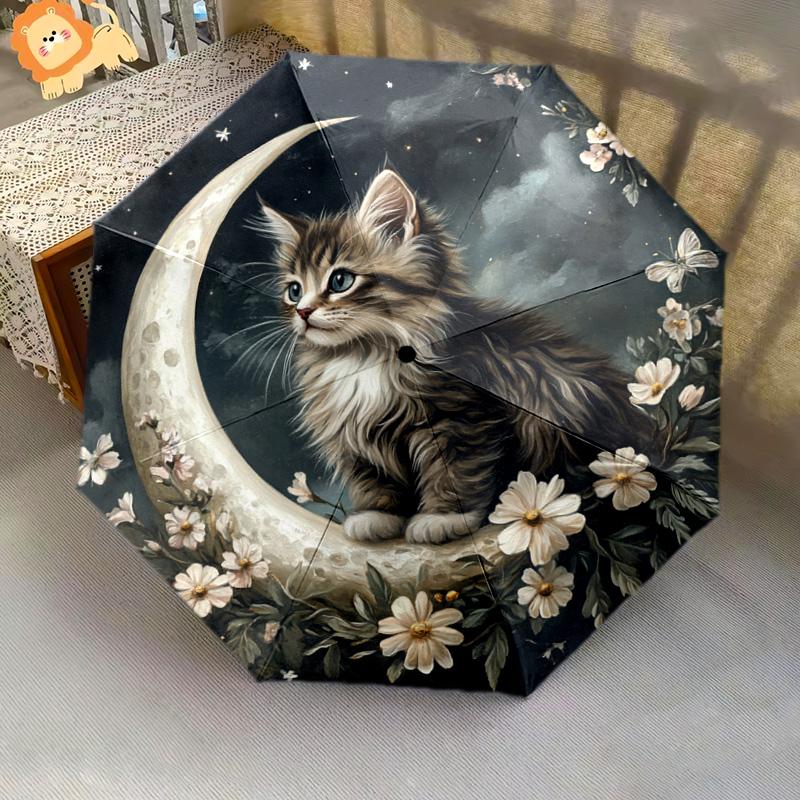 1 PC Automatic Folding Umbrella - Kitten and Moon Night Pattern, Portable & Foldable Design with 8 Ribs, Christmas Birthday Gifts