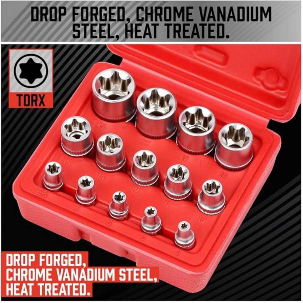 SEDY 14-Piece E-TORX Socket Set - Premium Female Torx Socket Set, Torque Star Sockets, External Torx Sockets, E4 E5 E6 E7 E8 0 1 2 4 6 8 E
