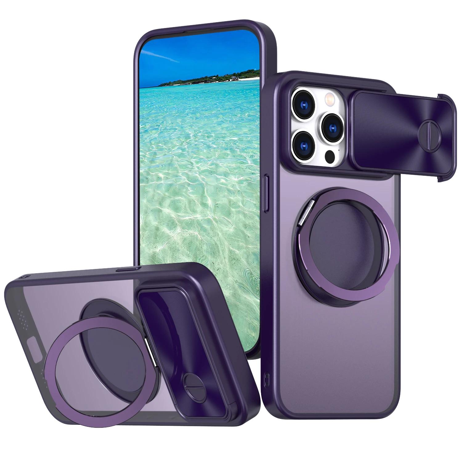 

Чехол Magsafe для iPhone 15 14 13 12 Pro Max XR 11 15 14 Plus Slide Camera Ring Holder Stand Silicone Protection Hard Phone Cover iPhone 14 Pro темно-фиолетового