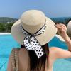 Elegant Beach Straw Cap Dot Ribbon Straw Weaving Sun Protection Cap Pearl Decoration Flat Top Wide Brim Hat Sun Protection