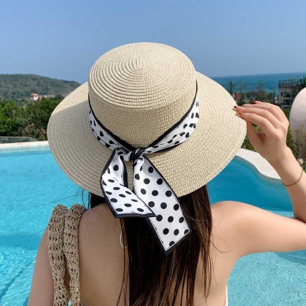 Elegant Beach Straw Cap Dot Ribbon Straw Weaving Sun Protection Cap Pearl Decoration Flat Top Wide Brim Hat Sun Protection