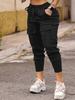 [Pantaloni Cargo ad Alta Elasticità] Pantaloni Jogger Cargo da Donna ad Alta Elasticità Stretti - Tasche Coperte, Vita con Coulisse, Colore Unico Nero Miscela di Poliestere