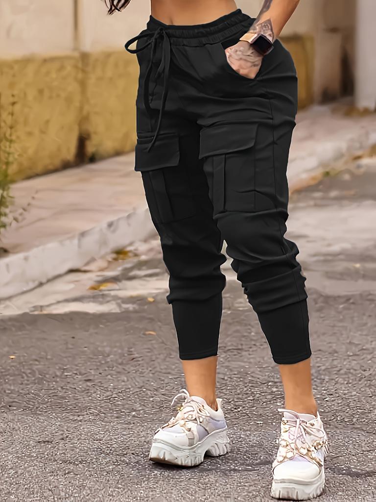 [Pantaloni Cargo ad Alta Elasticità] Pantaloni Jogger Cargo da Donna ad Alta Elasticità Stretti - Tasche Coperte, Vita con Coulisse, Colore Unico Nero Miscela di Poliestere