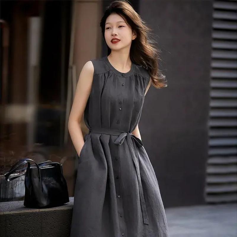

Womens Solid Color Sleeveless Button-Front Waist Tie Midi Dress M сірий