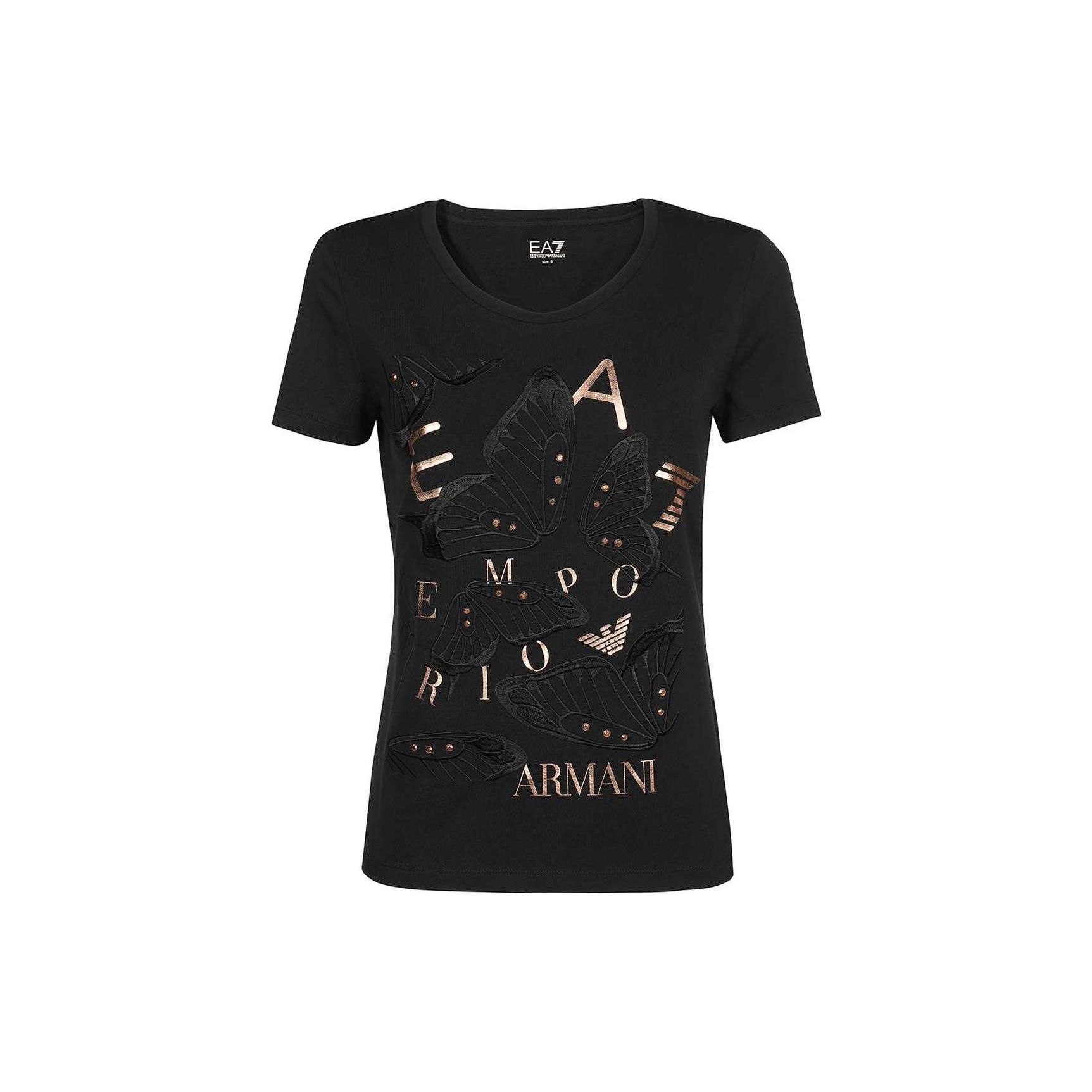 Emporio Armani EA7 SS23 Floral Letter Logo Printed Short Sleeve T-Shirt Women tops Black 3RTT19-TJDZZ-1200 L
