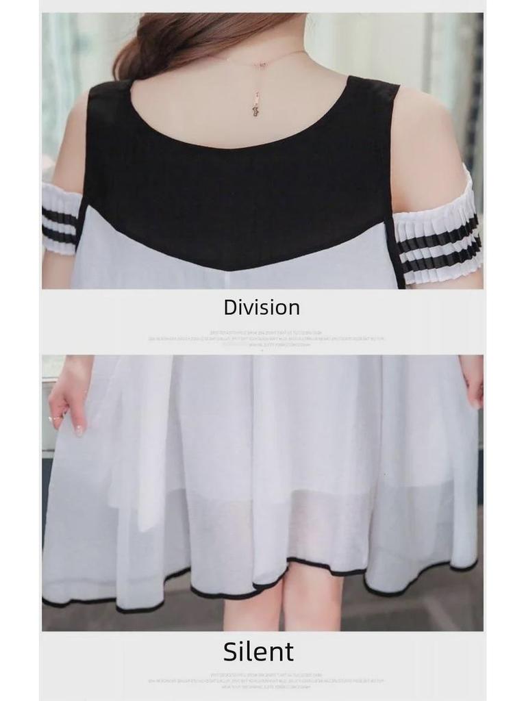 New Arrival: Large Size Off-Shoulder Chiffon Dress for Pregnant Women - Korean Style, Mid-Length, Short-Sleeved, Perfect for Spring & Summer