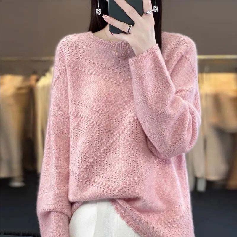 Rundhals-Jacquard-Hohlpullover für Damen, einfarbig, langärmelig, süßes Strick-Unterhemd, Herbst und Winter, neu