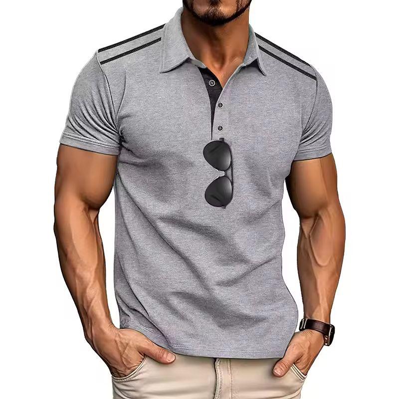 Summer Men's Short-sleeved Lapel Polo Uniform Buttons Retro Color Block Casual Loose Versatile Polo Shirt Clothing