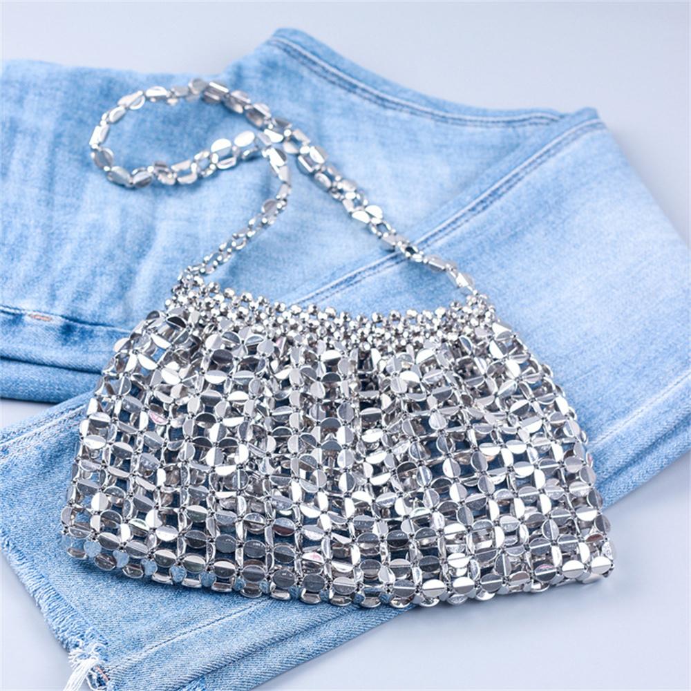 New Handmade Silver Gold Flat Beads Beaded Weaving Large Dumplings Fashion Trendy Shoulder Tote Bag