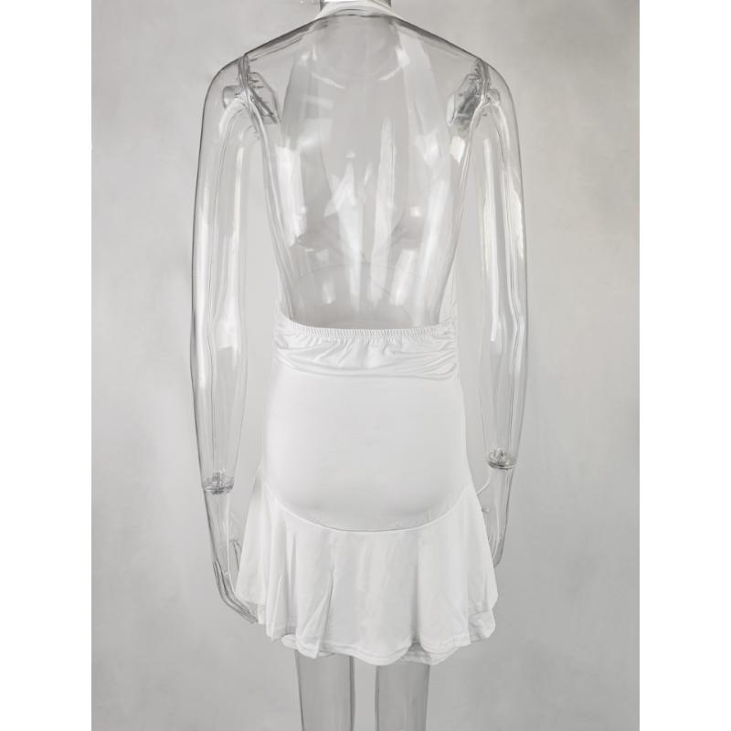 Women's Summer Sexy Halter Mini Dress Deep V Neck Ruched Waist Slim Fit Flared Backless Sleeveless Party Dress