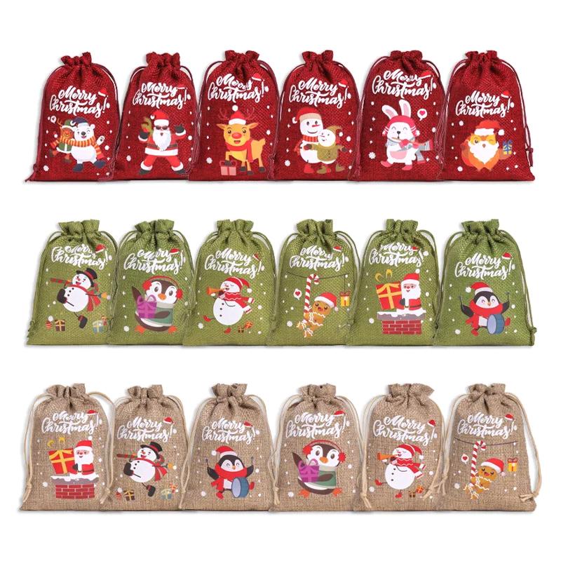12 STÜCKE/Set Weihnachtsgeschenktüten Geschenkverpackung Leinenstoffe Exquisite Partygeschenke Niedliches Weihnachten