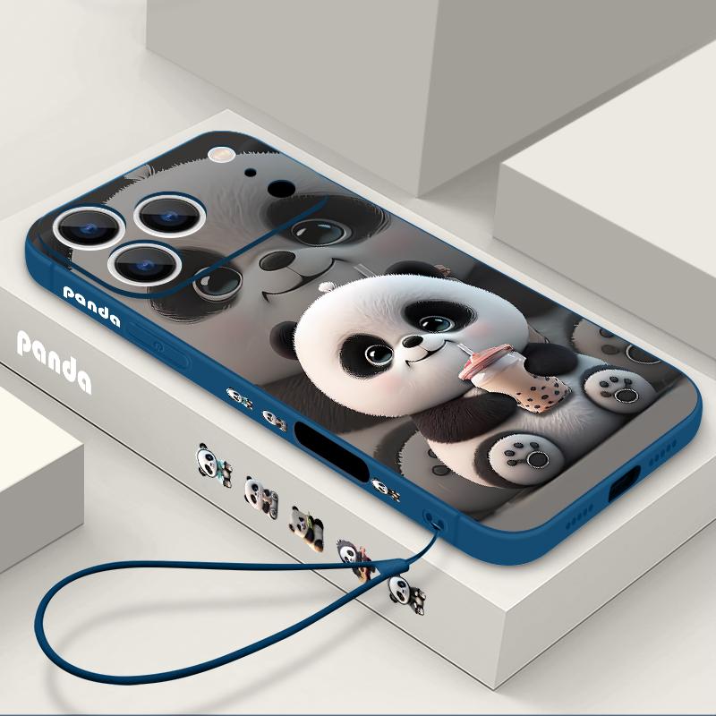 Milk Tea-drinking Panda Lanyard Case For iPhone 17 Pro Max Soft Silicone Cover For iPhone 16 Pro Max Funda iPhone 15 14 13 12 11 16E Air