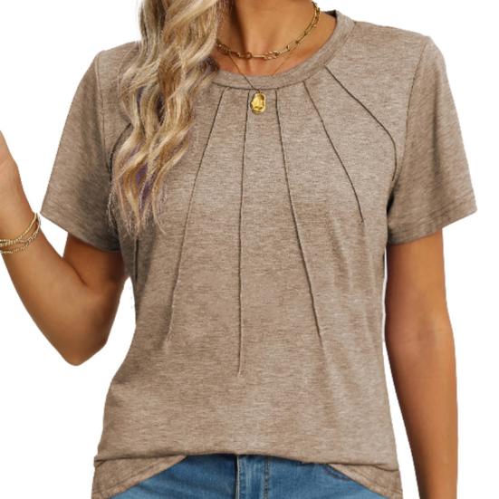 Yaz Kadın Üst Yuvarlak Yaka Kısa Kollu Saf Renk Pileli Bol Kesim Tişört Günlük Bluz Seyahat Spor