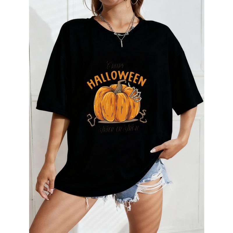 

Хэллоуинская футболка с принтом тыквы и надписью Trick or Treat для женщин, повседневная одежда, костюм для вечеринки, сезонный модный топ S чёрный