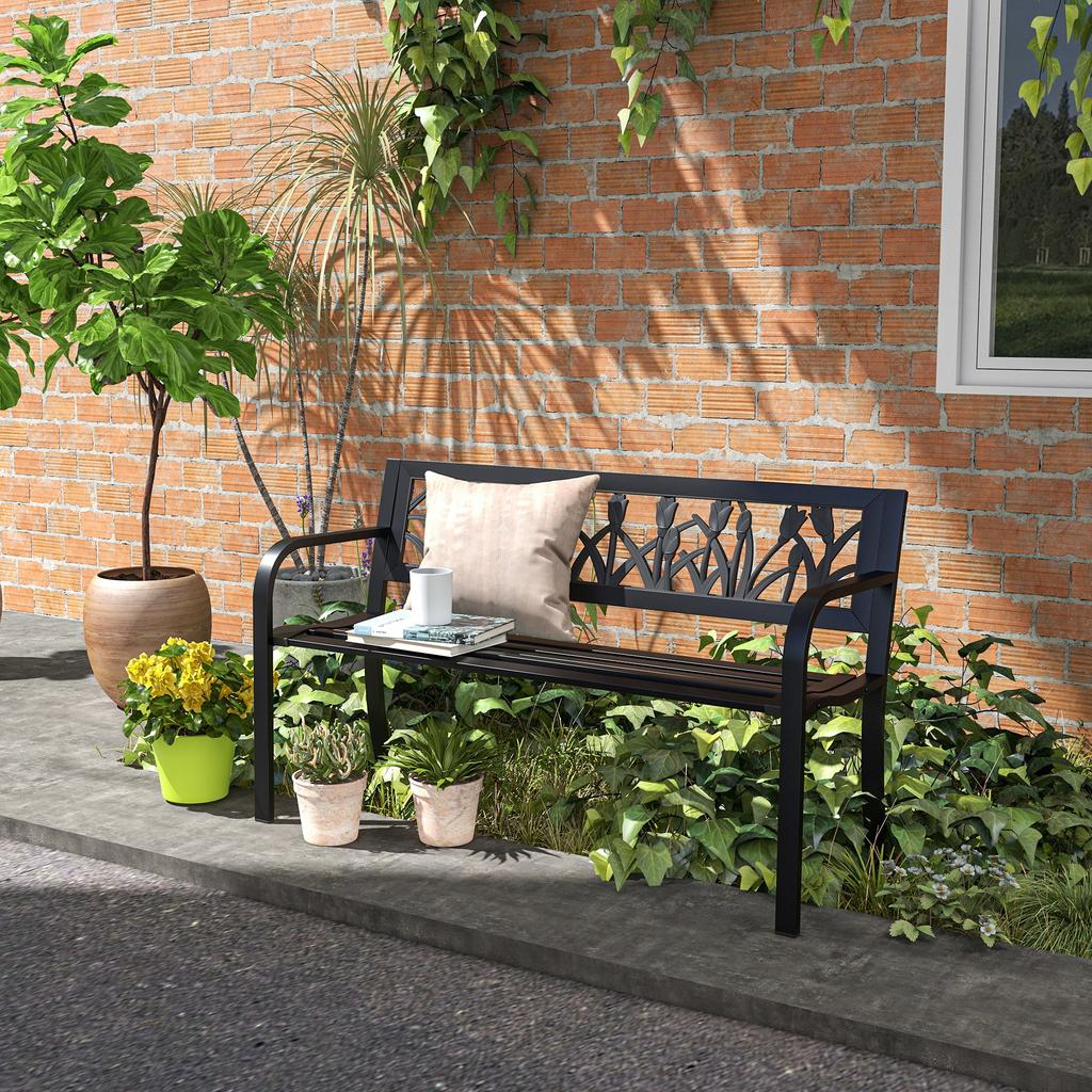 2-Seater Garden Bench in Steel with Decorated Backrest and Armrests, 125x50x75cm, Black
