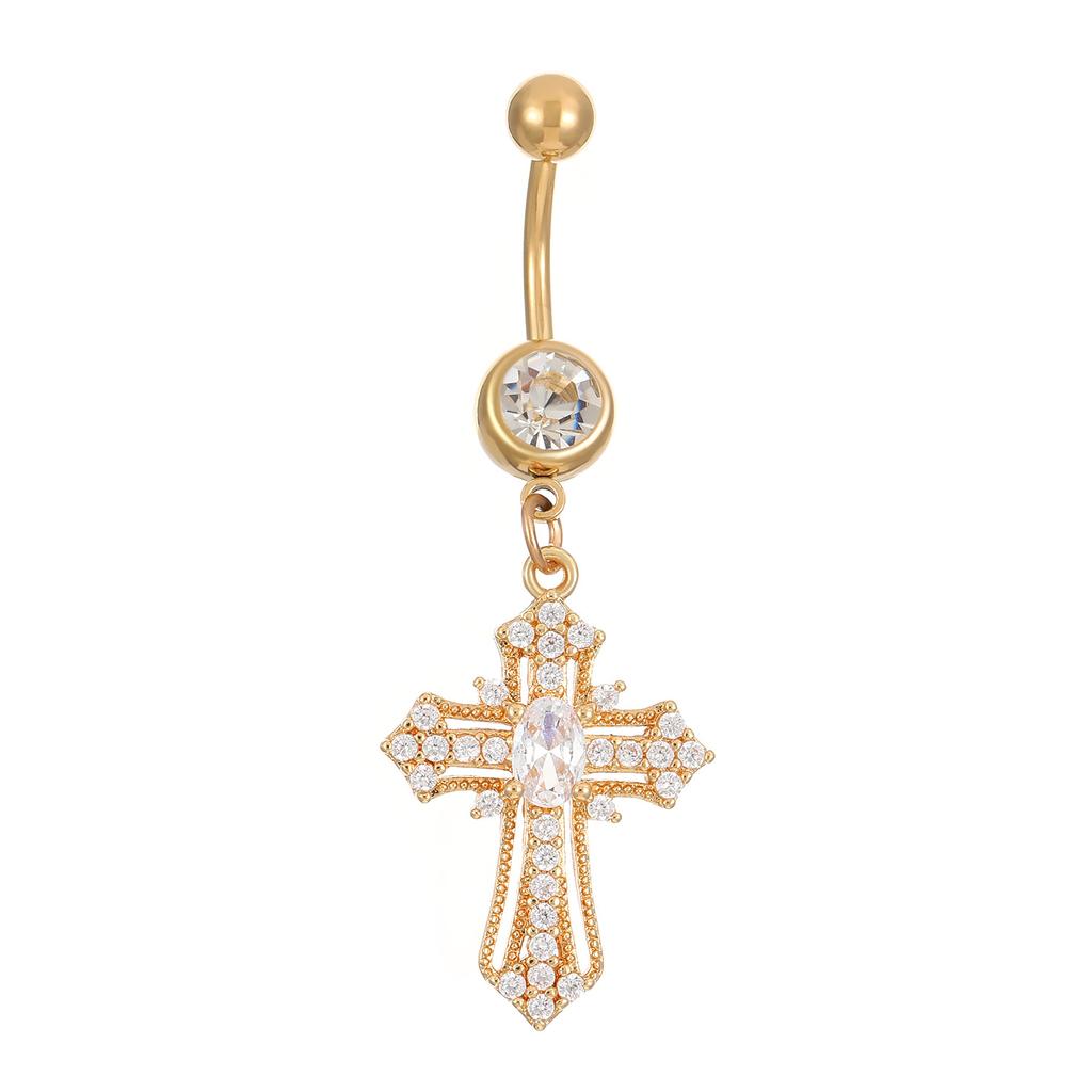 CZ Cross & Heart Belly Button Ring Set, Gold & Silver Tone Dangling Navel Piercing Jewelry