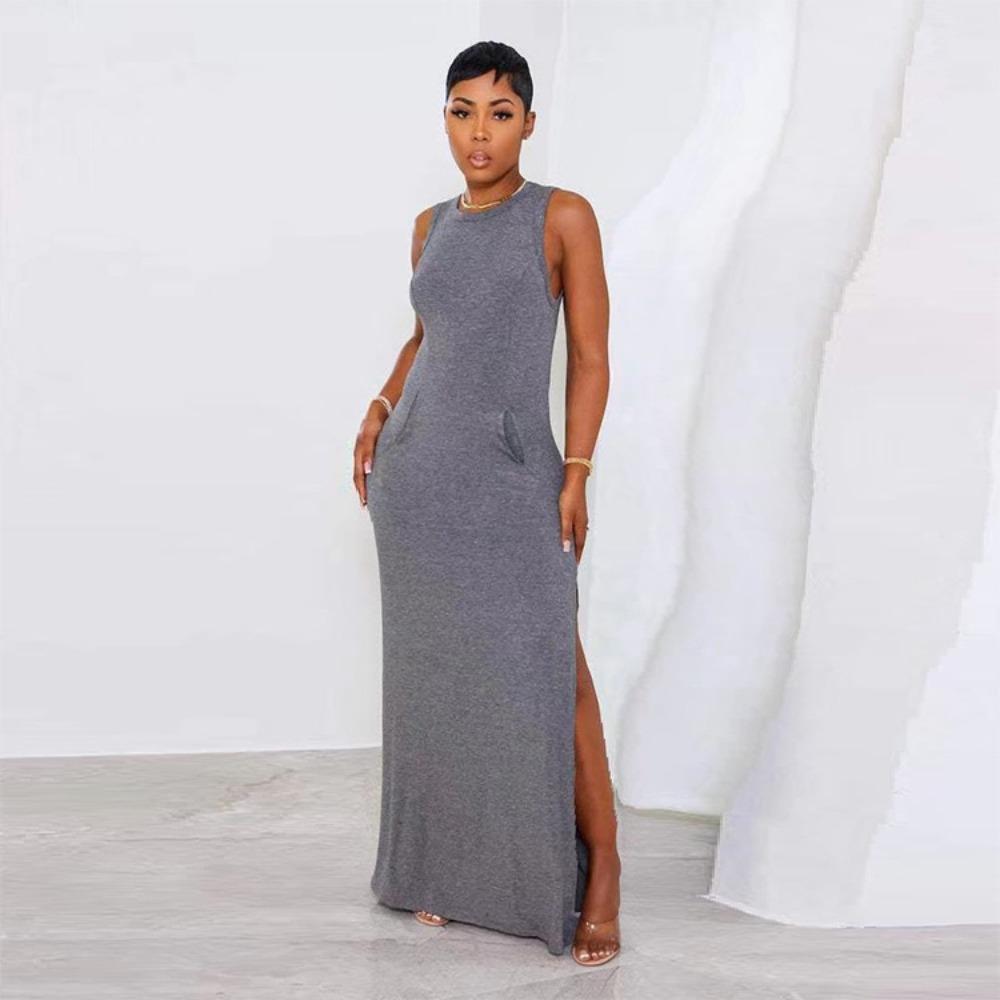 Women's Crew Neck Sleeveless Maxi Dress Bodycon Solid Knit Long Dress With Side Pockets Side Slit