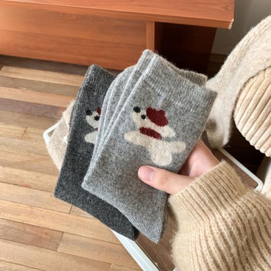 1/5 Pairs Student Socks Cartoon Puppy Design Thickened Fleece Lining Socks Winter Warmth Stretch Fit Socks