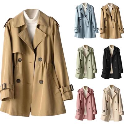 Women's Casual Lapel Double-breasted Windbreaker Jacket Long-sleeved Solid Color Jacket