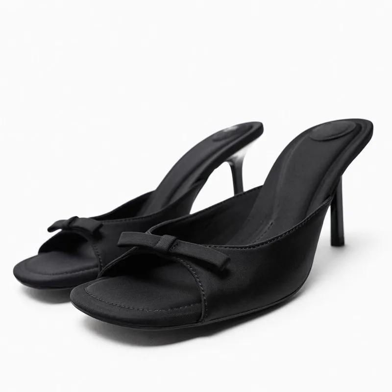 Fashion Slipper Mules Low High Heels Shoes 2024 Summer Best Street Look Females Square Head Open Toe Bow Strappy Sandals Women