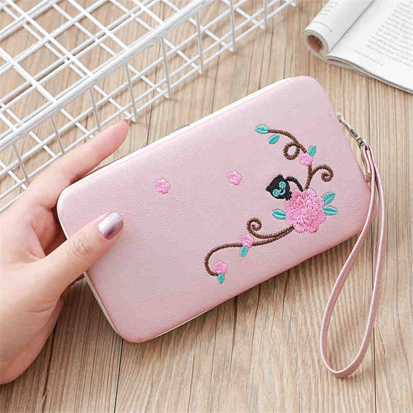 Fashion Females Flower Embroidery Long Wallet Ladies Wallet Women Cell Phone Bag