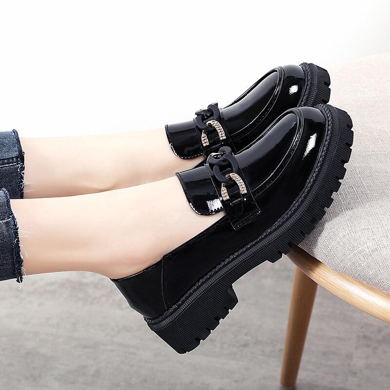 Dam Loafers Plattform Chunky Lady Summer Casual svarta läderskor