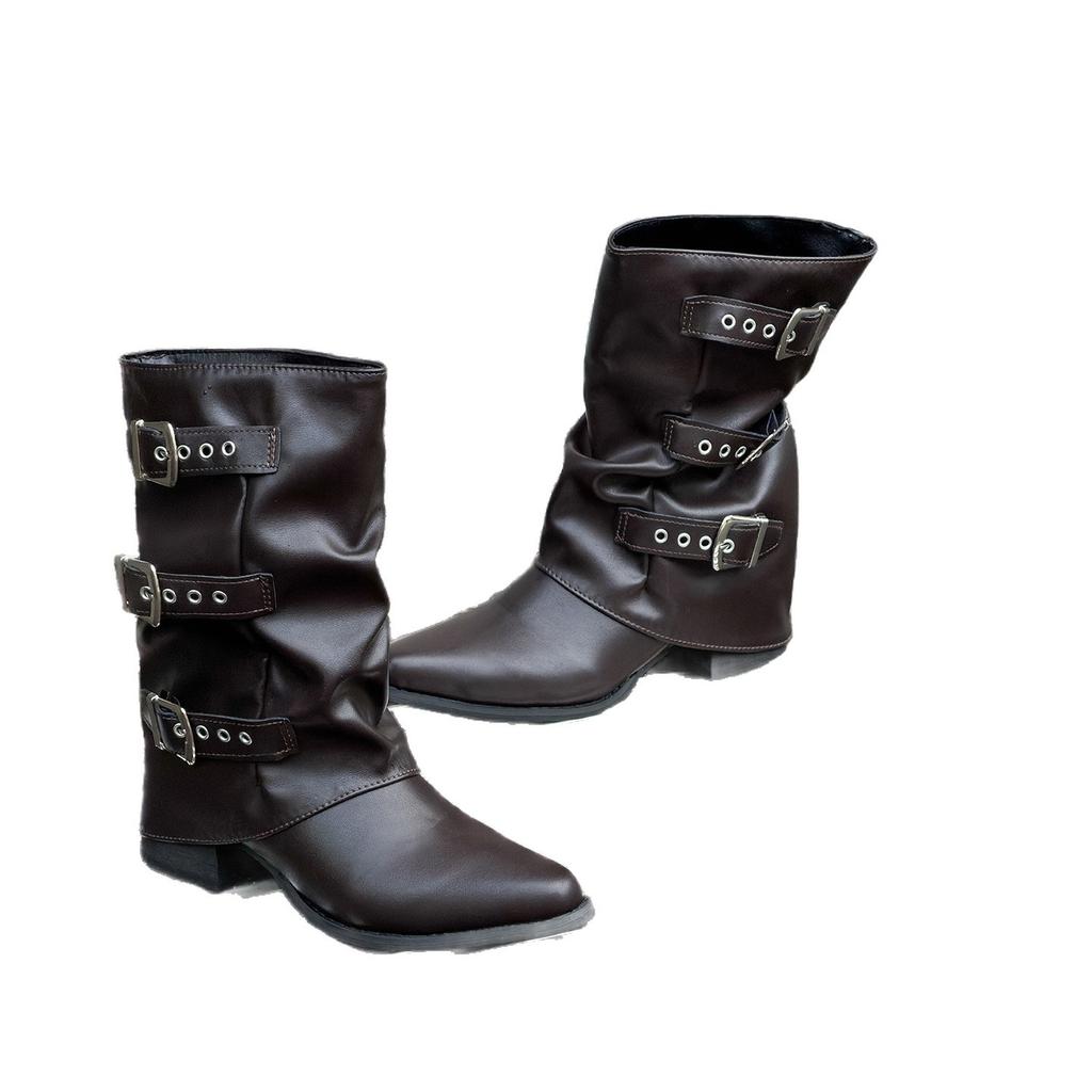 New Knight Autumn and Winter Pleated Boots Women's Skinny Belt Buckle Versatile Pointed Boots Medium Boots Pile Thick Heel