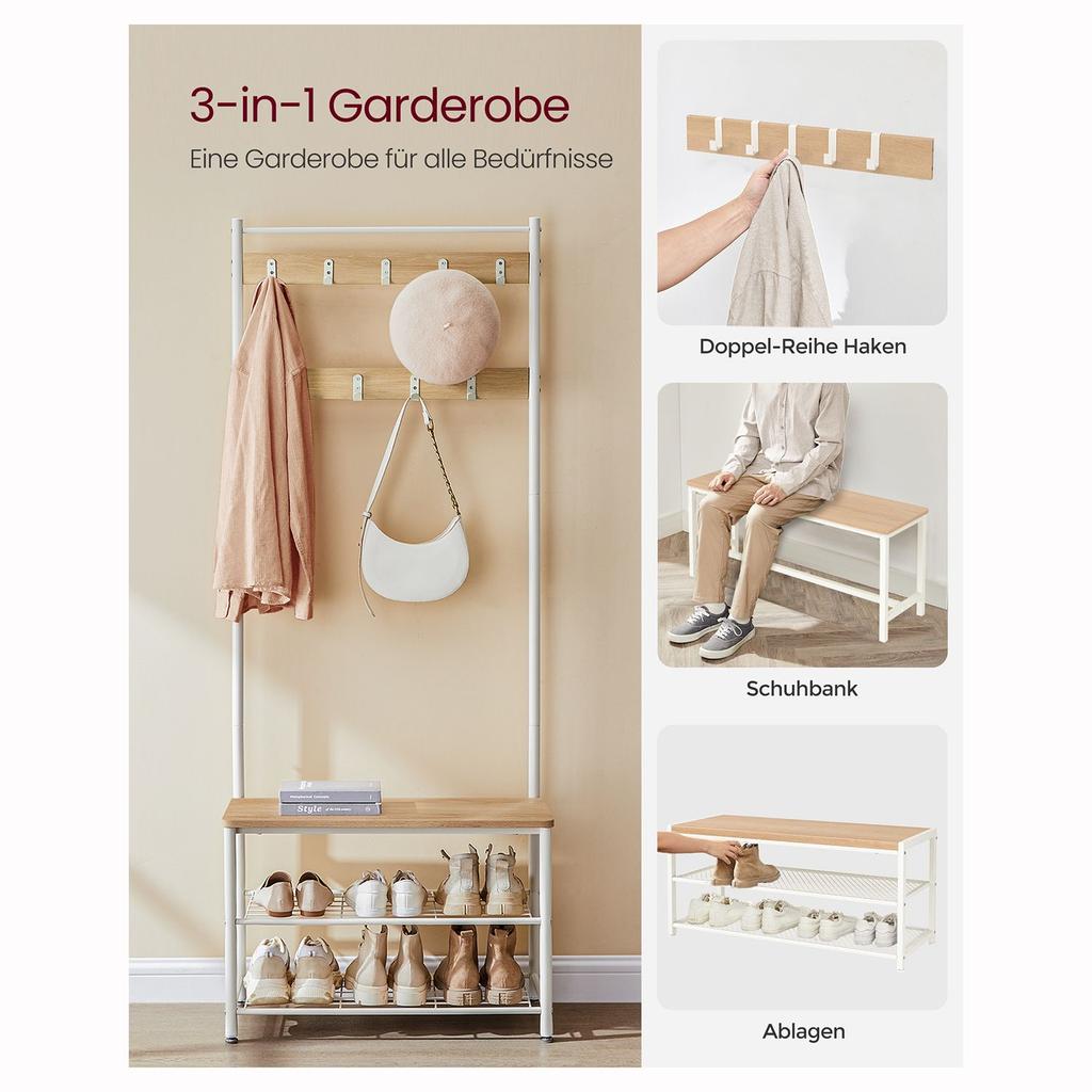 VASAGLE Coat Rack, Coat Stand with Shoe Storage Bench, Hall Tree with Shoe Rack, 3-in-1 Design, Steel Frame, for Hallway, Entrance, 32 x 70 x 175 cm