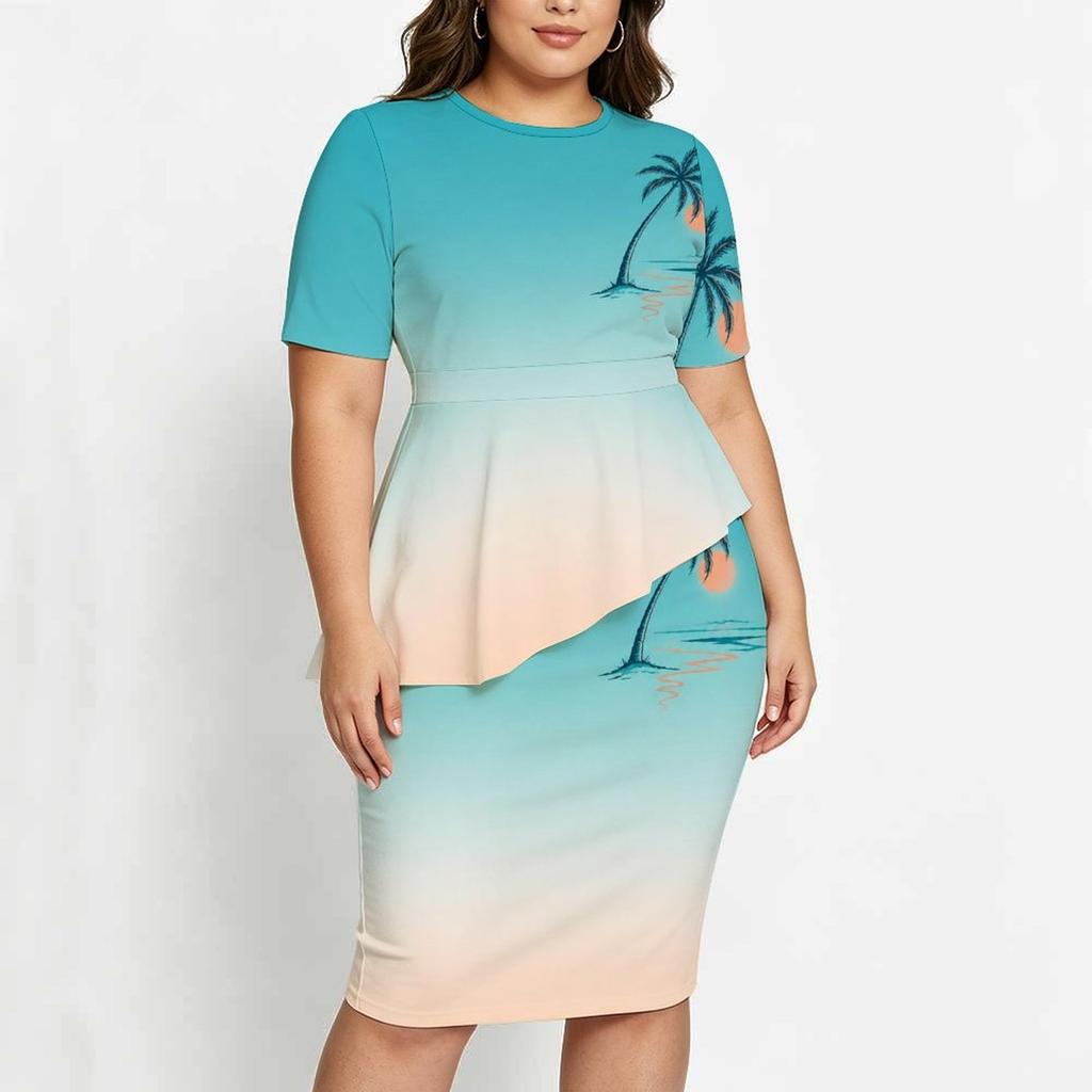Women Plus Size Round Neck Short Sleeve Palm Tree Printed Gradient Asymmetric Top Fitted Skirt Two Piece Set