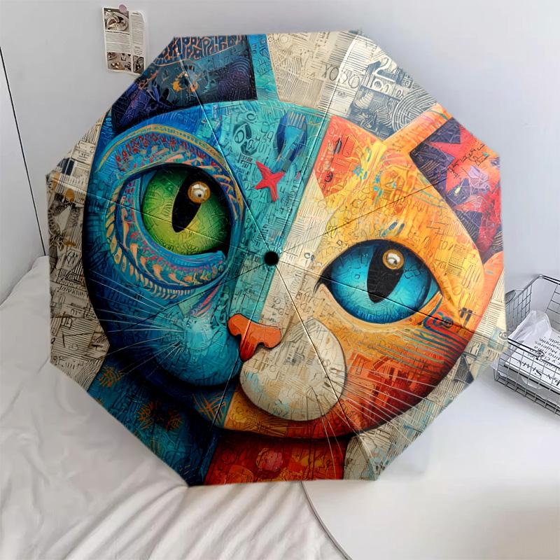 0106 Colorful Cat pattern, automatic folding umbrella, portable and foldable design, 8 ribs, a Christmas or birthday gift.