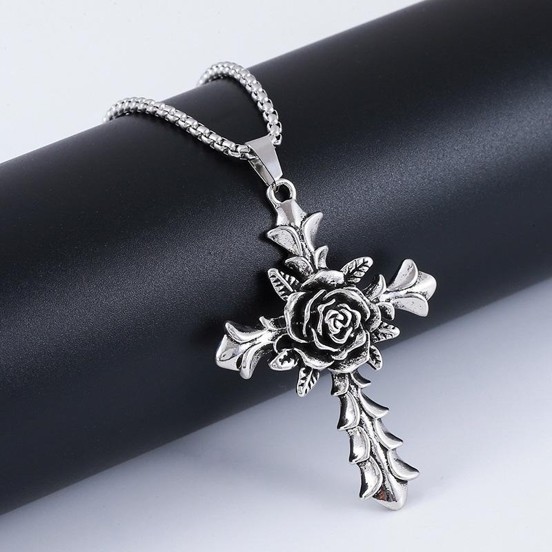 New Retro Rose Cross Long Stainless Steel Pendant Necklace for Men s Jewelry Accessories