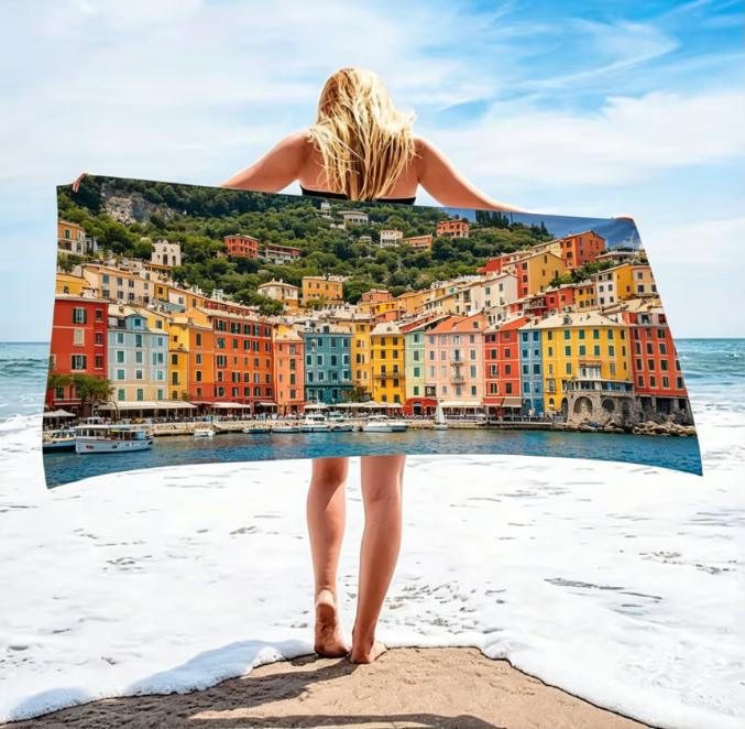 Large Microfiber Beach Towel, Cruise Ship Tropical Island Print, Sand Free & Quick Dry, for Vacation Beach Use