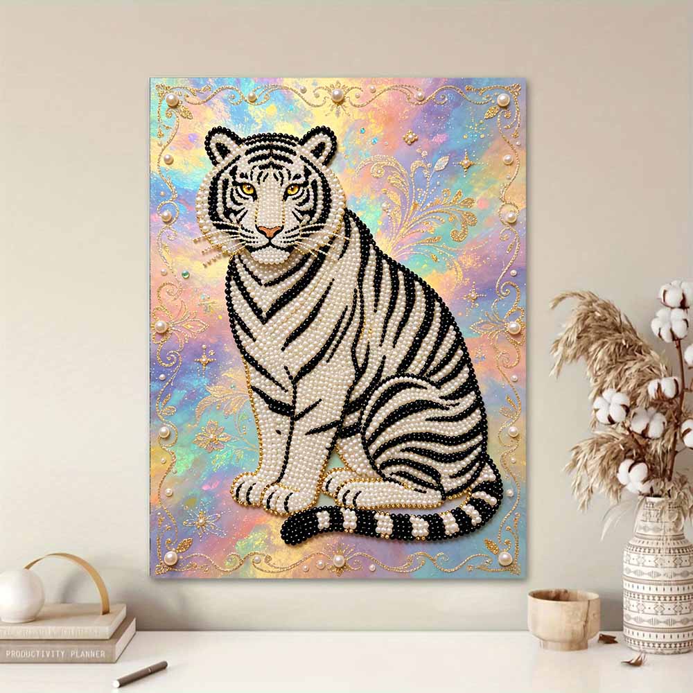 Shiny Pearl Elegant White Tiger DIY Painting Creative Bead Art Craft Household Wall Decoration Nice Present For Art Hobbyists Home Ornament Decor