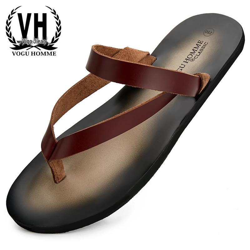 Men's Top Grain Cowhide Genuine Leather Non-Slip Summer Slippers - Trendy, Breathable, Versatile Flip Flops for the Beach