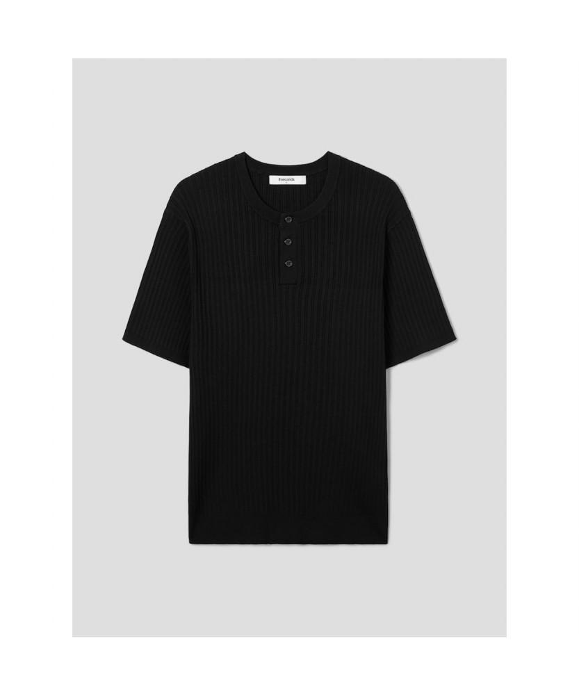 8SECONDS Ribbed Henley Neck Short Sleeve Knit Black